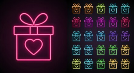 Glowing Neon Heart Gift Box Icon on Dark Background