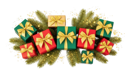 Assortment of colorful christmas gift box present decoration isolated on transparent background
