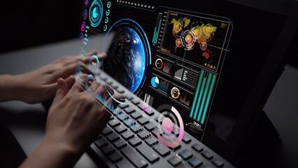 High-tech global network connection interface showing worldwide digital communication, data exchange, and internet connectivity. Global connection, data interaction, and worldwide communication. Thunk