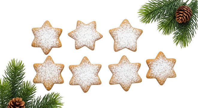 Seven star shaped christmas cookies dusted with powdered sugar isolated on transparent background