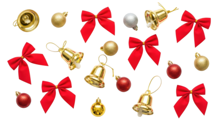 Collection of shiny gold and red christmas ornament decoration isolated on transparent background
