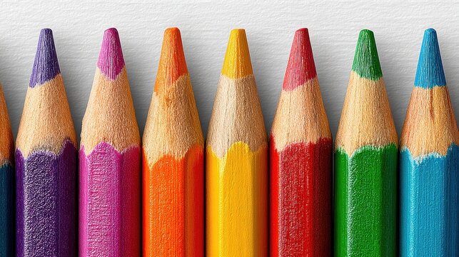 A vibrant collection of colored pencils arranged in a line, showcasing their sharp tips and sparkling barrels.