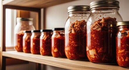 Homemade fermented food jars on a wooden shelf