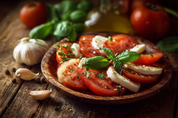 Colorful slices of ripe tomatoes and mozzarella cheese are arranged in a wooden bowl. Fresh basil leaves and garlic cloves add flavor, set on a rustic wooden table with olive oil in the background.