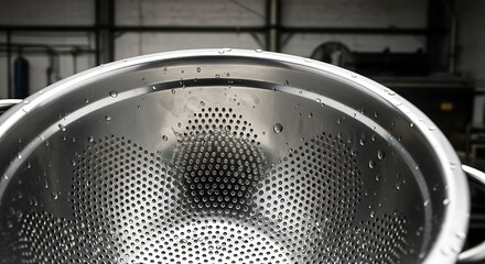 Wet Stainless Steel Colander Close Up with Water Droplets
