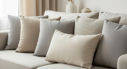 Neutral-toned pillows arranged on a light-colored sofa, creating a cozy and inviting atmosphere.
