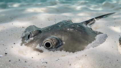 Close-up of a stingray partially buried in the sandy seabed, with sunlight dappling the water.