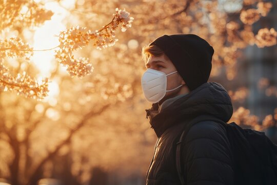Young man wearing face mask walking during spring blossom - Powered by Adobe