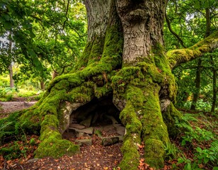 Majestic old tree with exposed roots and lush green moss
