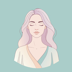 Illustration of a serene woman with closed eyes and purple hair, meditating peacefully with a calm expression.