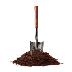 Gardening trowel digging into rich brown soil mound