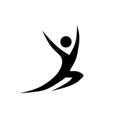 A dynamic, minimal black and white logo of a stylized human figure jumping or moving swiftly with arms raised. Ideal for fitness, health, sports, coaching, or motivational and active lifestyle brands.