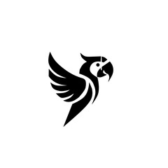 A dynamic, black and white minimal logo of a parrot (macaw) in flight with outstretched wings. This majestic tropical bird icon is perfect for travel, aviation, pet, or wildlife conservation brands.