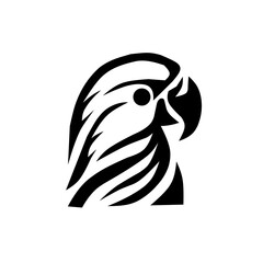 A majestic, black and white minimal logo featuring a parrot's head profile with stylized strokes. Ideal for pet shops, bird parks, tropical brands, or any project needing an exotic, striking emblem.