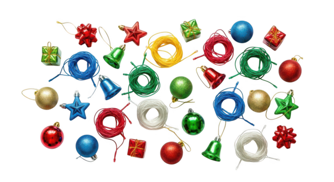 Assortment of colorful christmas ornament decoration supply isolated on transparent background