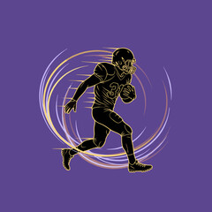 Obraz premium Dynamic silhouette of an American football player running with the ball, surrounded by speed lines on a purple background.