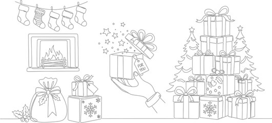Obraz premium Christmas gifts fireplace stockings holiday presents winter celebration joy