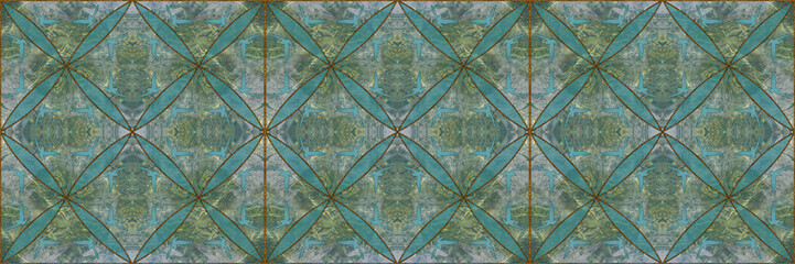 Ornament. Mosaic, inlay. Oriental seamless pattern. Stained glass style. Geometric openwork. Art deco. Print T-shirts, linens or textile. For wallpaper, linoleum, carpet or wrapping. Ceramic tile.