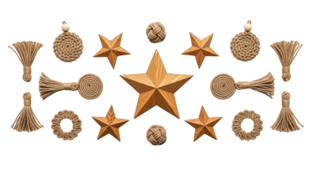 Assortment of rustic jute rope star and tassel decorations isolated on transparent background