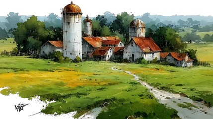 Rustic countryside barn with red roofs and silos high resolution picture