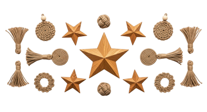 Assortment of rustic jute rope star and tassel decorations isolated on transparent background