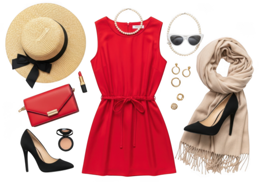 A collection of red dress and fashion accessories, isolated on transparent background - Powered by Adobe