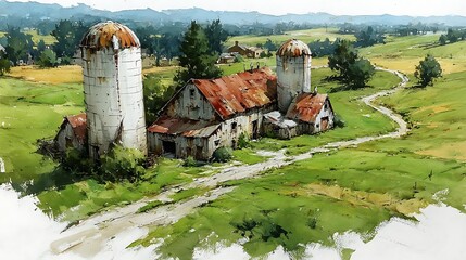 Scenic farm landscape with rusty roof buildings high resolution picture