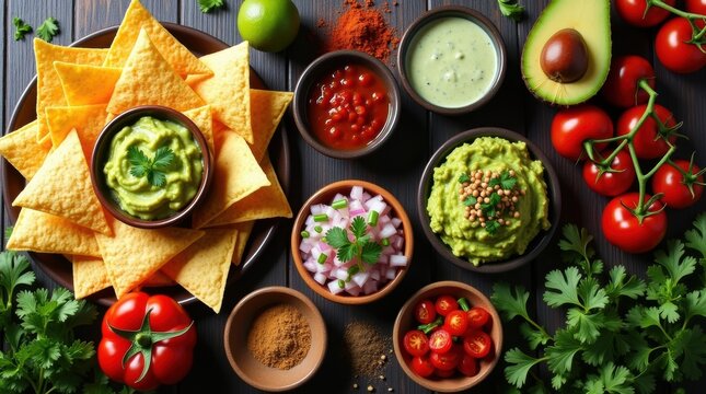 Delicious mexican food spread with guacamole salsa and chips