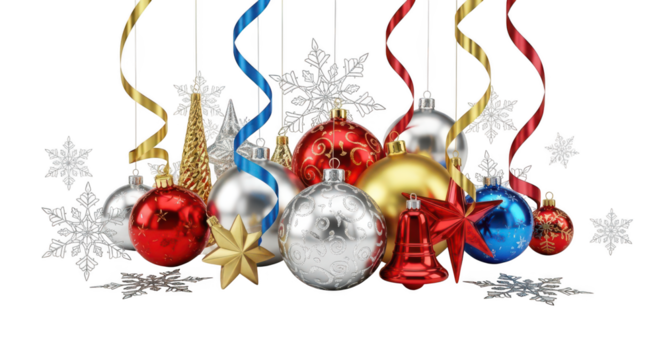 Collection of shiny christmas ornament decoration isolated on transparent background