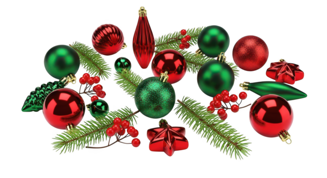 Assortment of shiny red and green christmas ornaments isolated on transparent background