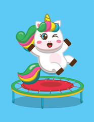 Unicorn cartoon character is playing on trampoline and feeling happy