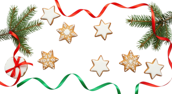 Christmas star cookie assortment with fir branch and ribbon isolated on transparent background