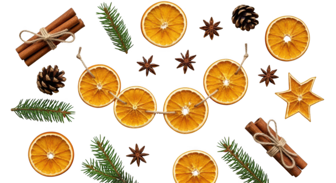 Christmas decoration elements with dried orange slices isolated on transparent background - Powered by Adobe