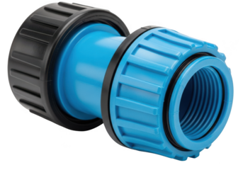 Blue plastic hose connector adapter with black threaded ends isolated on transparent background