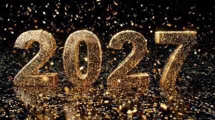 Vibrant Golden 2027 Numbers Shimmering with Festive Confetti on Dark Backdrop.