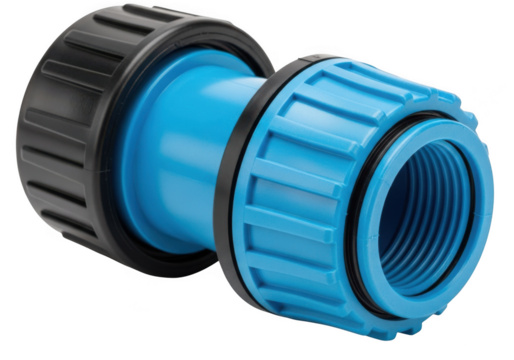 Blue plastic hose connector adapter with black threaded ends isolated on transparent background
