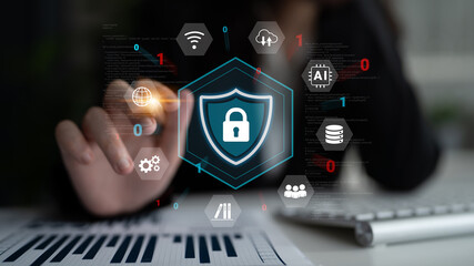 Cybersecurity protection secures network, prevents threats, and strengthens digital data security...