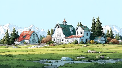 Serene village landscape with white farmhouse scenery high resolution picture