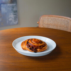 Golden Pain aux Raisins pastry on a white plate. Fresh French raisin swirl danish served on a wooden table with a cozy background