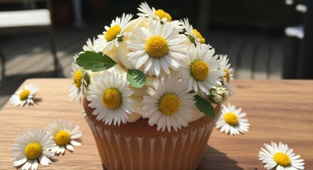A cupcake decorated with white and yellow daisies on a wooden table