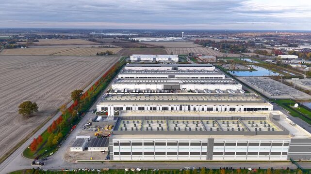 Row of newly built large data centers in Dublin, Ohio.