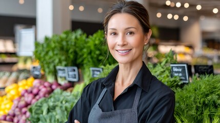 Woman store employee smiling in produce section