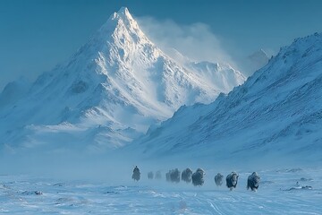 Snow covered mountain with herd walking through mist high resolution picture