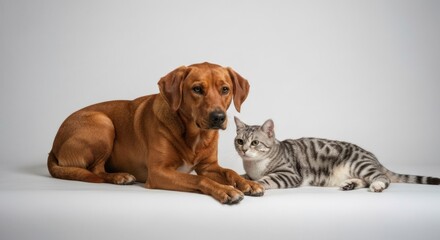 Brown dog and grey striped cat posing together on a seamless white background