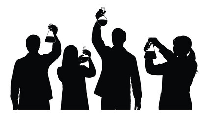 Scientists celebrating discovery silhouette isolated on white background, Vector