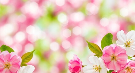 Closeup of pink and white flowers with green leaves in a blurred background