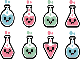 Eight cute cartoon science beakers with colorful liquids and faces laboratory chemistry