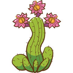 Vibrant Green Cactus Plant with Three Pink Orange Blossoms and Spikes Against a Transparent Background