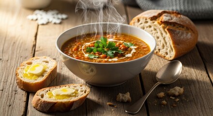Bowl of soup with bread and butter on a wooden table with a spoon and herbs