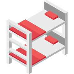 White Bunk Bed with Red Bedding and Pillows in a Minimalist Isometric Design Perfect for Interior Design Concepts